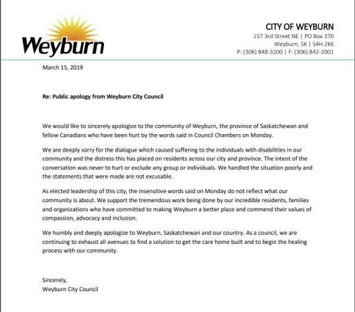 The apology issued by Weyburn city council on Friday, March 15 for their comments on denying a group home for people with disabilities.